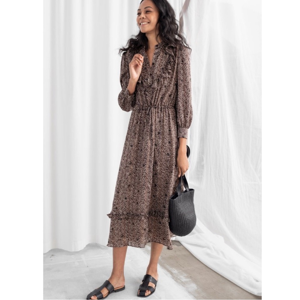 & Other Stories Printed Ruffle Bib Midi Dress Brown Long Sleeve Modest Size 8